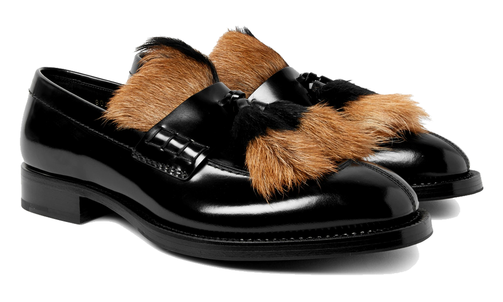 Prada Spazzolato Goat-Fur Tassel Loafer In Black